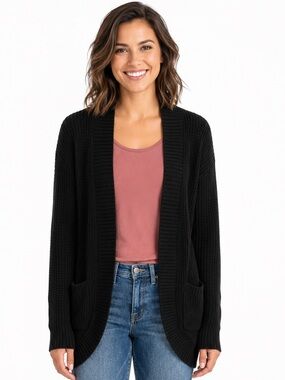 MEROKEETY WOMENS BLACK OPEN FRONT CHUNKY KNIT DRAPED CARDIGAN SIZE MEDIUM